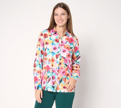 Susan Graver Printed Stretch Peachskin Button-Front Shirt AudreyRose Pink S New