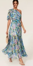 badgley mischka Women 2 blue floral chiffon one shoulder gown Maxi Dress G