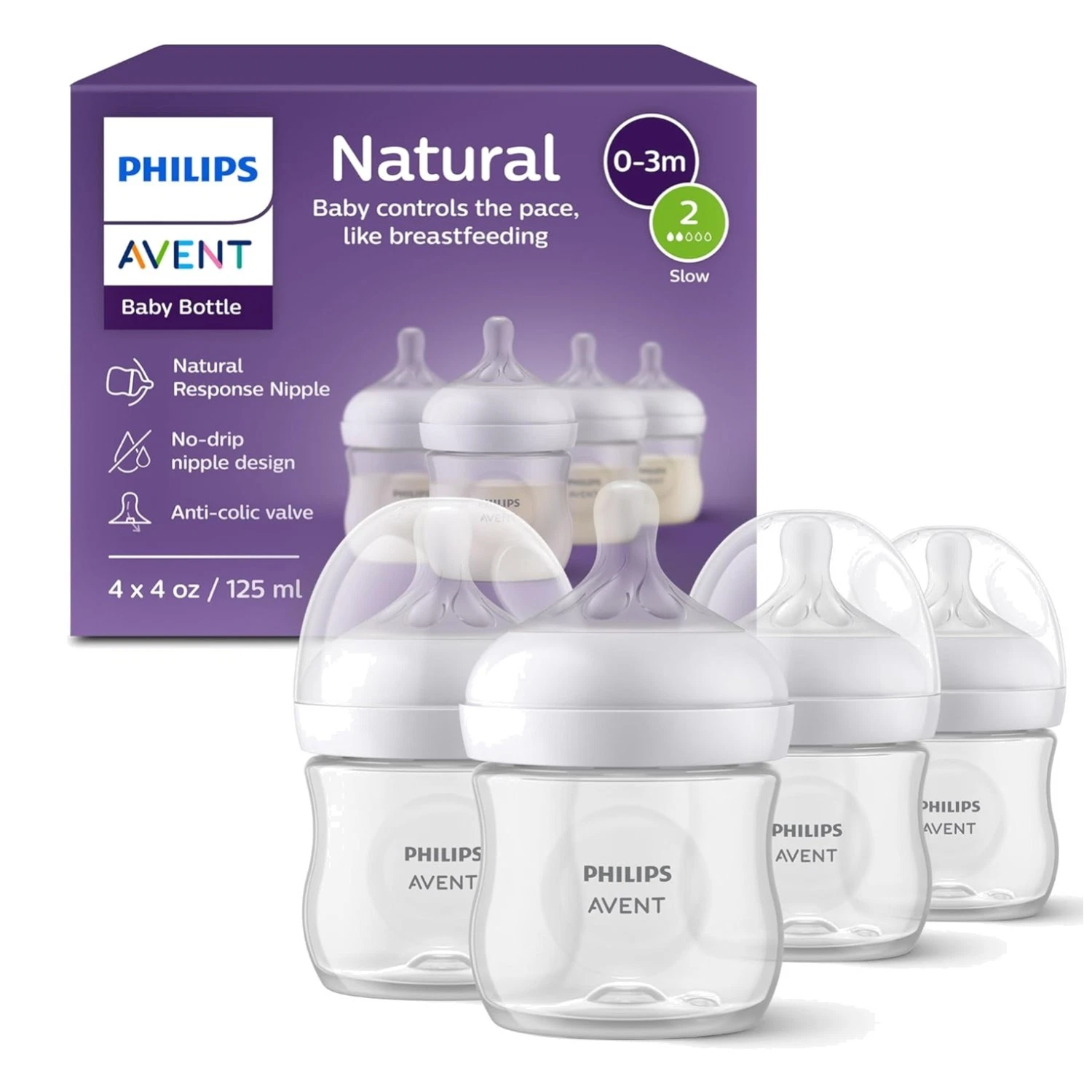Easy-Latch Natural Baby Bottles, Slow Flow Nipples, 4-Pack
