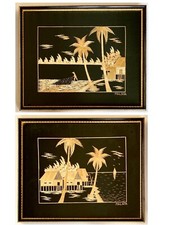 Vintage pair of Asian bamboo wood pictures - Malaya (Malaysia) village scenes