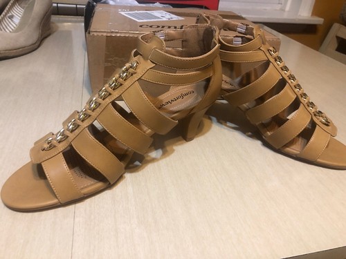 NEW Womens NIB Confortview FAITH Tan Strap Sandals Gold Accent 10 WW Zipper Heel - Picture 4 of 9