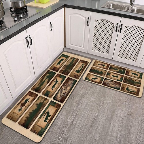 2 Pieces Country Style Rustic Cabin Wildlife Non-Slip Kitchen Rug ...