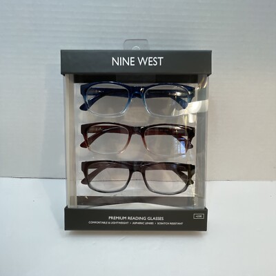 NIB Nine West +2.00 Readers Unisex 3 Pack Premium Reading Glasses Multi-Color