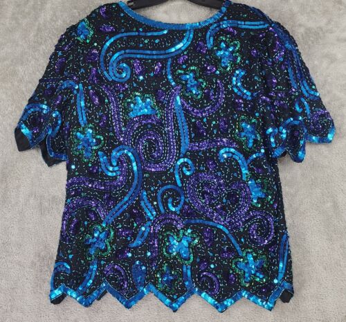 Laurence Kazar Shirt Womens Large Multicolor Sequined Short Sleeve Vintage Top - Picture 2 of 10