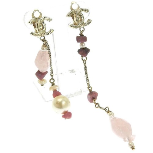 CHANEL Earrings AUTH Coco CC Logo Mark Vintage Gold Logo Colored Stones Pearl - Picture 9 of 12