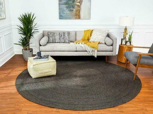 Round Rug Black Dye Natural Jute Farmhouse Area Rug Hand Woven Carpet - Picture 3 of 9