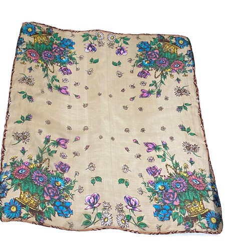 VTG 40s 50s Scarf Basket, Daisies, Purple Roses, Peonies Floral 26x28 Novelty - Picture 9 of 13
