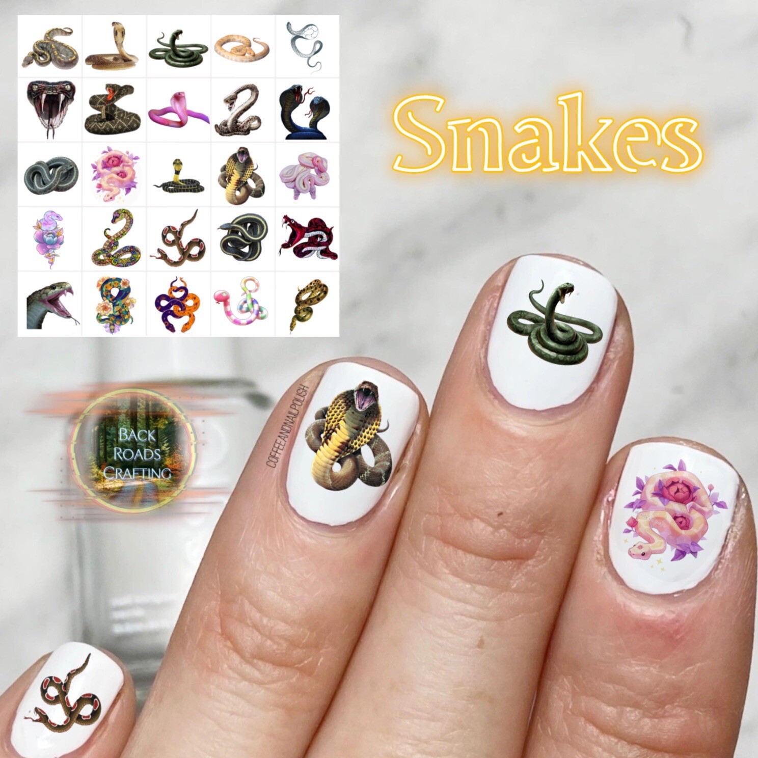 50 Snake Waterslide Nail Decals with Instructions & Bonus Designs