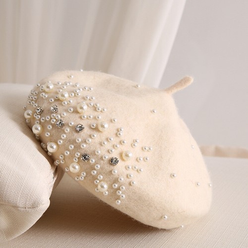 Fancy Pearl Rhinestone Wool Beret Cap French Girls Warm Beanies Hat Women - Picture 14 of 28