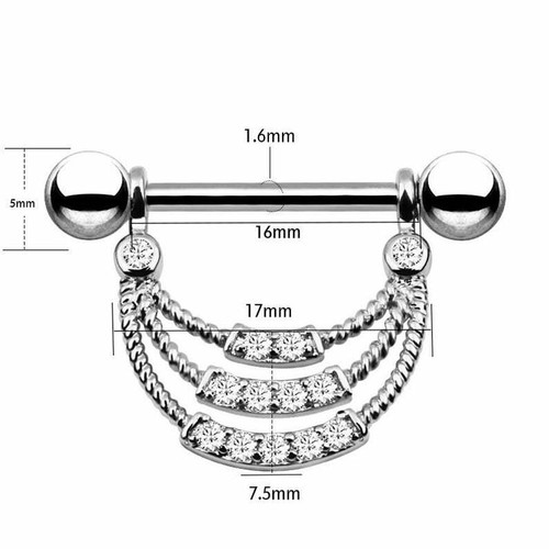 Luxury Triple Lined Dangle Nipple Ring U breast Rhinestone Sexy Piercing Bars UK - Picture 4 of 12