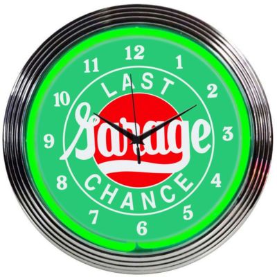 Last Chance Garage Green Neon Hanging Wall Clock 15'' Diameter Neonetics 8LASTX