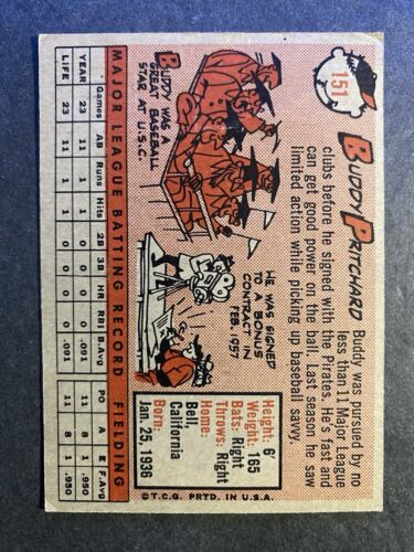 1958 Topps Baseball Buddy Pritchard Pittsburgh Pirates Rookie Card #151 - Foto 2 di 2