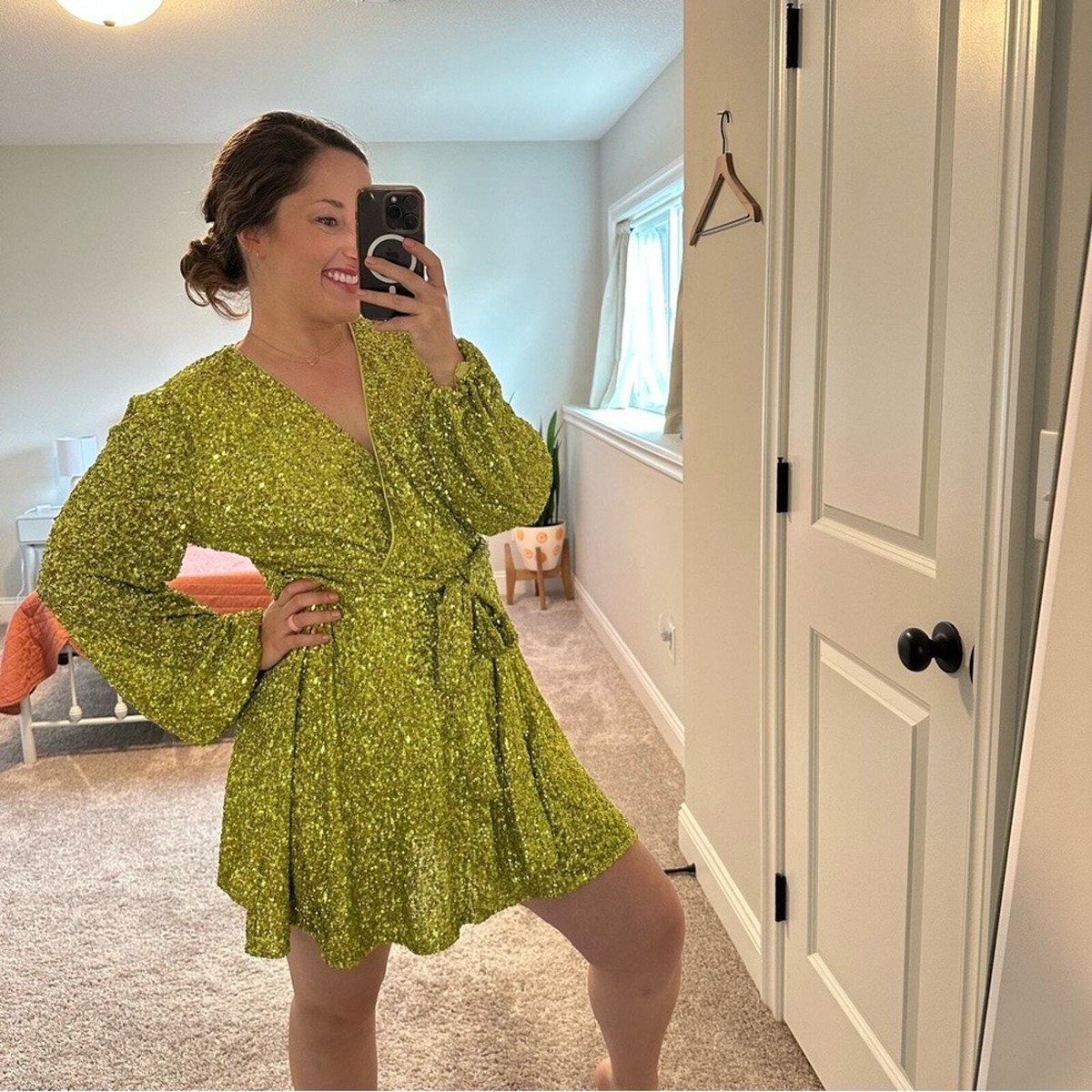 NWT Bardot Lime Green Sequin Long Sleeve Belted Mini Dress 10 | eBay