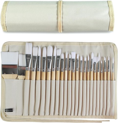 Professional 24-Piece Paint Brush Set with Wooden Handles & Canvas Case - Picture 3 of 8