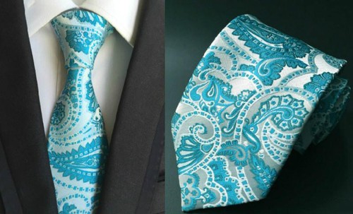Cravatta Aqua Argento Paisley Fatta A Mano Da Uomo Per Matrimonio Formale
