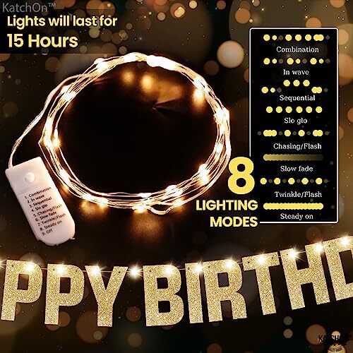 , Light Up Happy Birthday Banner - 10 Feet, 8 Modes | Glitter Birthday Gold - Picture 6 of 7