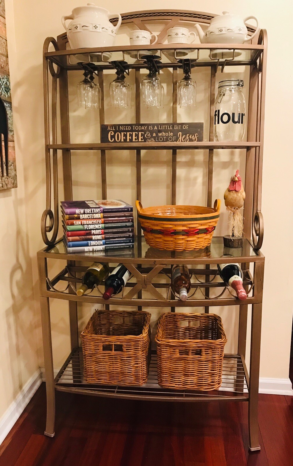 4Shelf Metal and Glass Bakers Rack with Wine Glass and Wine Bottle