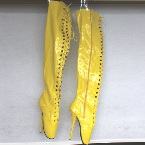 18cm/7 Zoll High Heel Kreuz am Oberschenkel geschnallt lange Ballerinastiefel Übergröße 36-46 - Bild 5 von 25