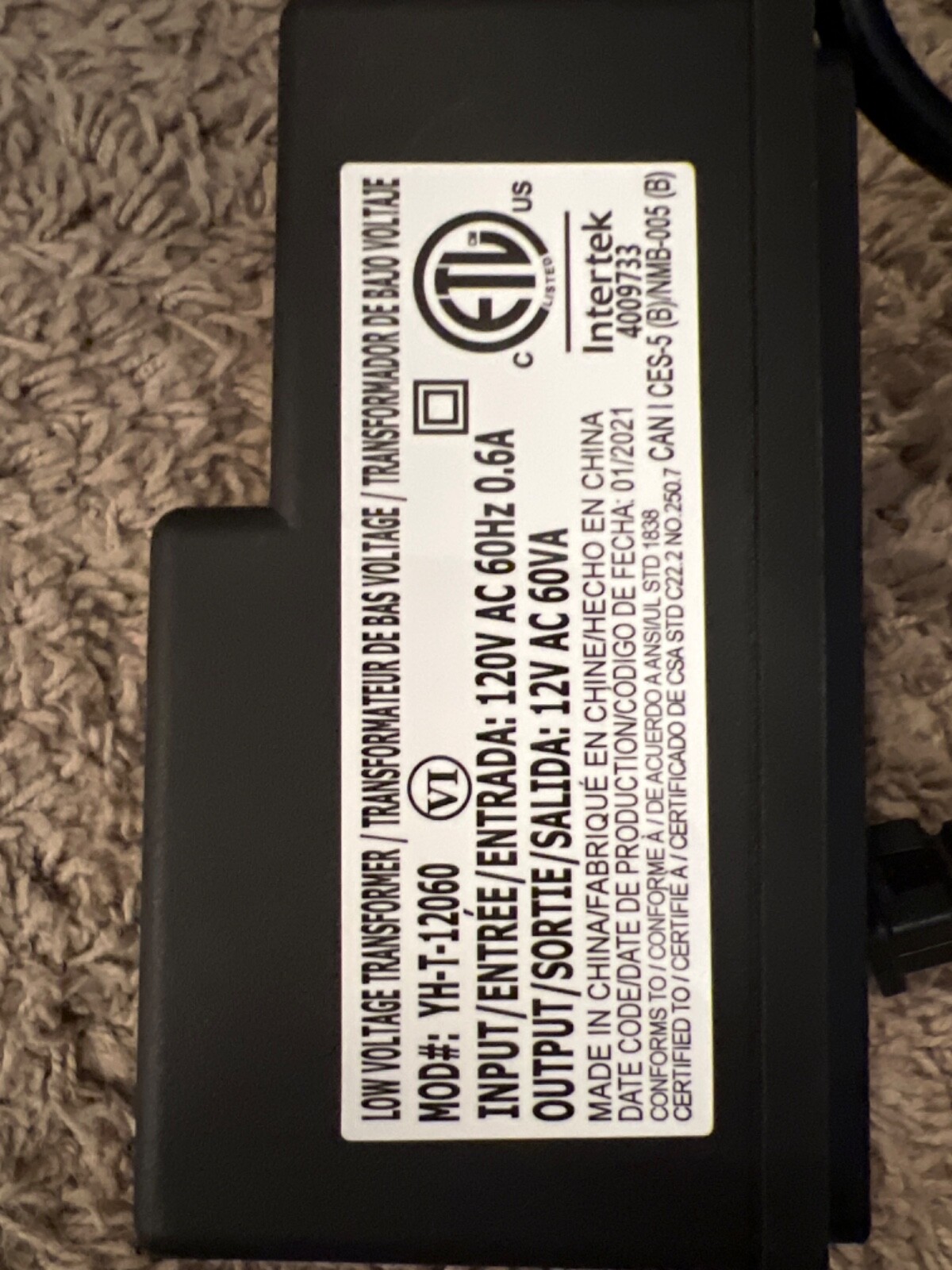 Intertek Low Voltage Transformer 4009733 Model YHT12060 eBay