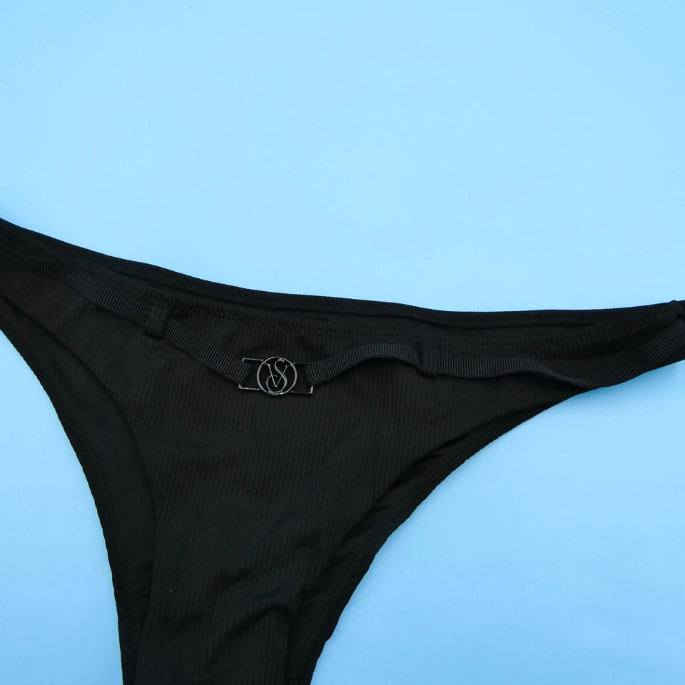 Victorias Secret Medium Black Ribbed Thong T Shape Belted Bikini Bottom Swimwear - Image 3 of 4