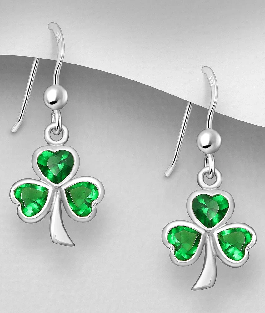 Sterling Silver Shamrock Clover Earrings Green Crystals Celtic