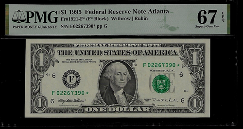 US 1 Dollar Star 1995 PMG 67 EPQ UNC Fr #1921-F* FRN Atlanta Withrow/Rubin