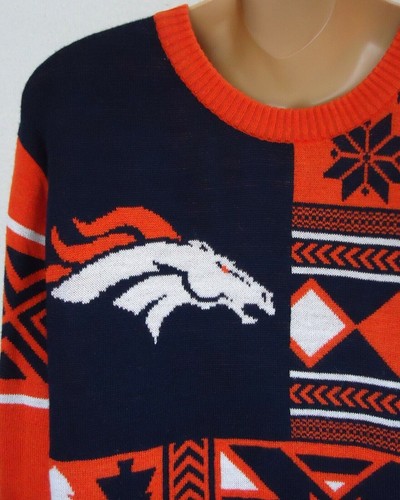 Denver Broncos Sweater Large Men's NFL Football Christmas Crew Orange Blue - Picture 2 of 6