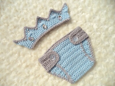Crochet Baby Boy Outfit, Newborn Baby Crown Set, Crochet King Crown, Blue-Gray