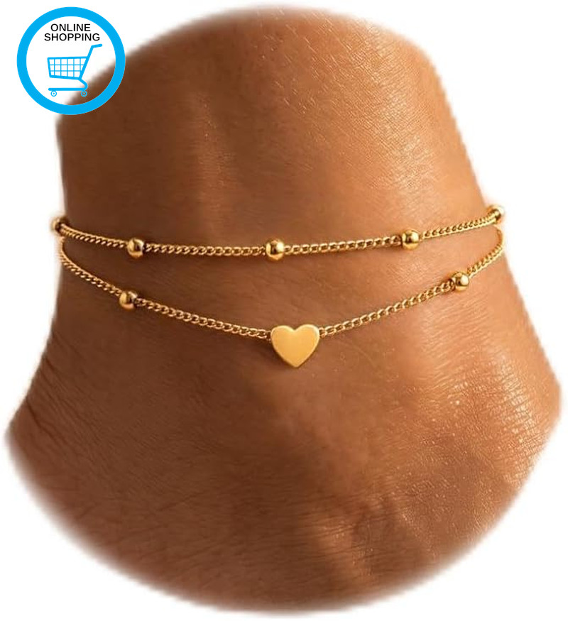 Anklets for Women Adjustable Heart Layered Ankle Bracelets Waterproof Silver 18K