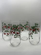 Vintage CARDINAL/HOLLY BERRY Christmas Drinking Glasses by Libby, Set of 4