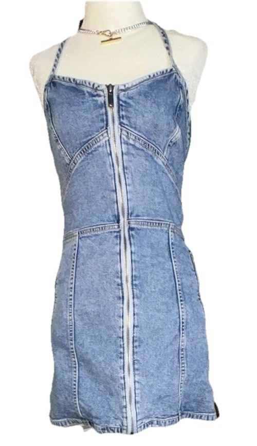 American Eagle Denim Halter Mini Dress Women's 6 Zip Bodycon Blue Jean  Western | eBay