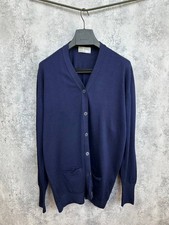 John Smedley Navy Wool Cardigan Sweater V-Neck Made in England Men's Size L
