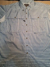 Drake Mens Large Blue Plaid Short Sleeve Button Down Vented Fishing Shirt 