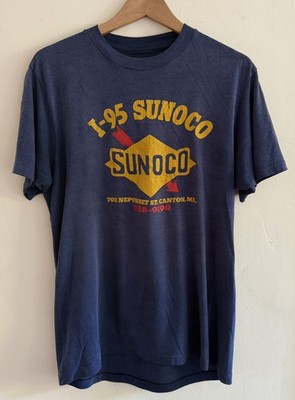 VINTAGE 70s SUNOCO 1-95 Canton MA Blue T-Shirt L Gas Station Red Arrow Logo