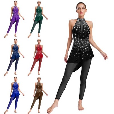 Women Romper Salsa Jumpsuit Clothing Dancewear Skirted Costume Figure Skating