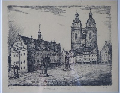 Else Hertzer Lithographie Wittenberg Marktplatz Stadtkirche 1920er / 1930er