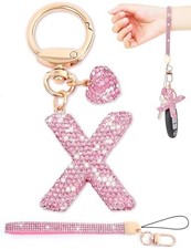 Initial Keychain for Women Girls,Bling Letter Key chain Initial with X-pink