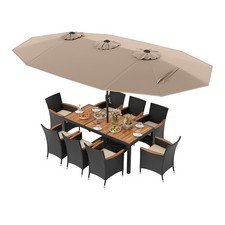 11PCS Patio Wicker Dining Set w/Double-Sided Outdoor Umbrella 8 Stackable Chairs