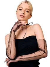 Long Tulle Gloves Ruched Fingerless Gloves Wedding Bridal Sheer Standard Black