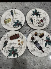 Williams Sonoma French Wine Cheese  Lunch 9” Plates Set of 4 Holiday Christmas