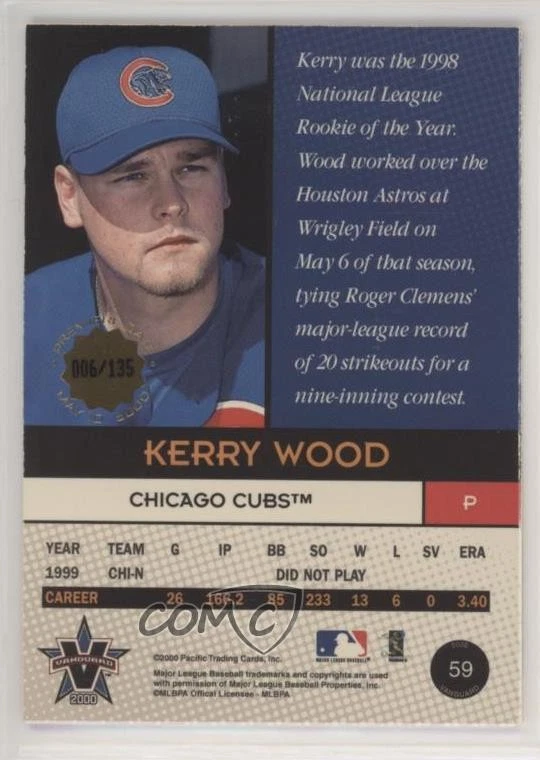 2000 Pacific Vanguard Premiere Date /135 Kerry Wood #59 - Image 2 of 2