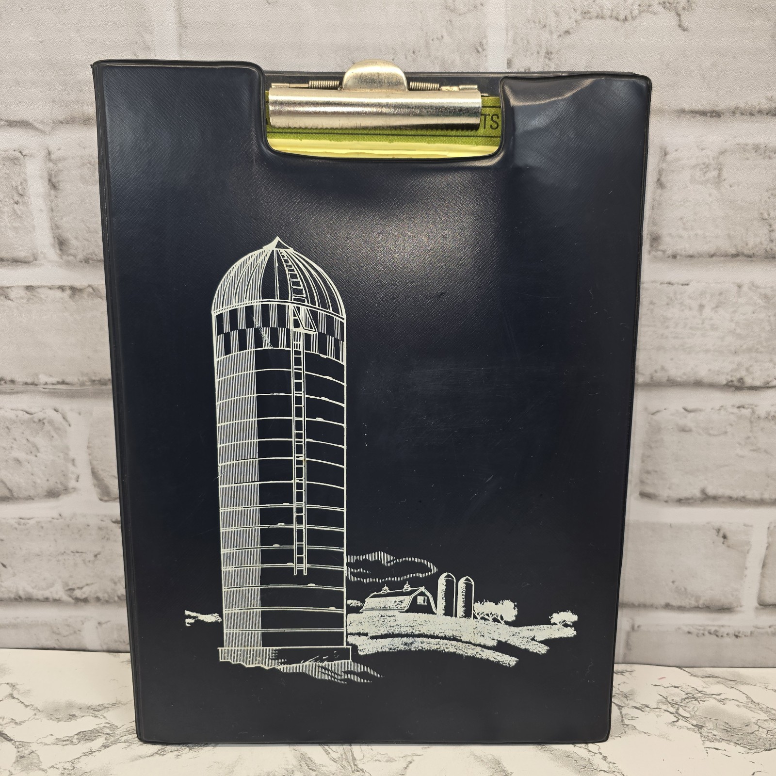 Vintage Padded Vinyl Clipboard Folding Folio Pad Holder Farm Silo Barn Navy Blue