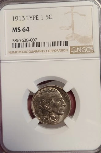 1913 Buffalo Nickel 5c Type 1 NGC MS64 - Beautiful!
