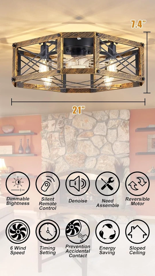 21'' Flush-Mount Ceiling Fan with Dimmable-Light and Memory 21", Bronze - Image 2 of 4