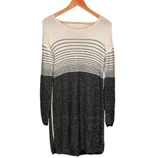 Athleta Fireside Merino Wool Sweater Dress Size M Cream Black Striped Knit Comfy