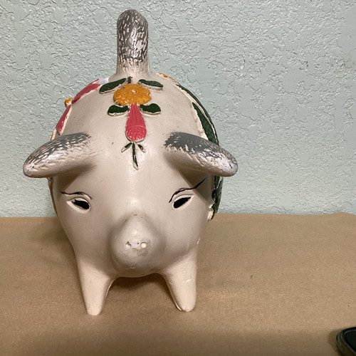 Vintage VOLKSKUNST Mexikanische Keramik Keramik Sparschwein Handbemalt Floral MÄNGEL - Bild 2 von 9