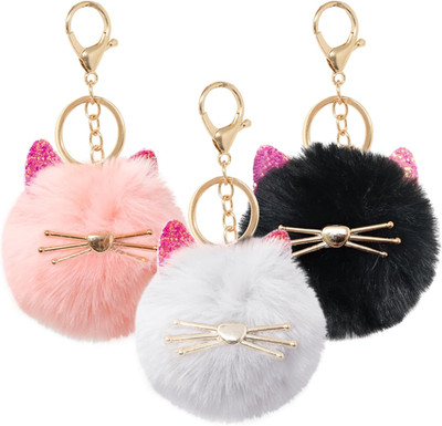 3PCS Cute Fluffy Animal Cat Keychain Faux Rabbit Fur Pom Pom Ball Keyring Artifi