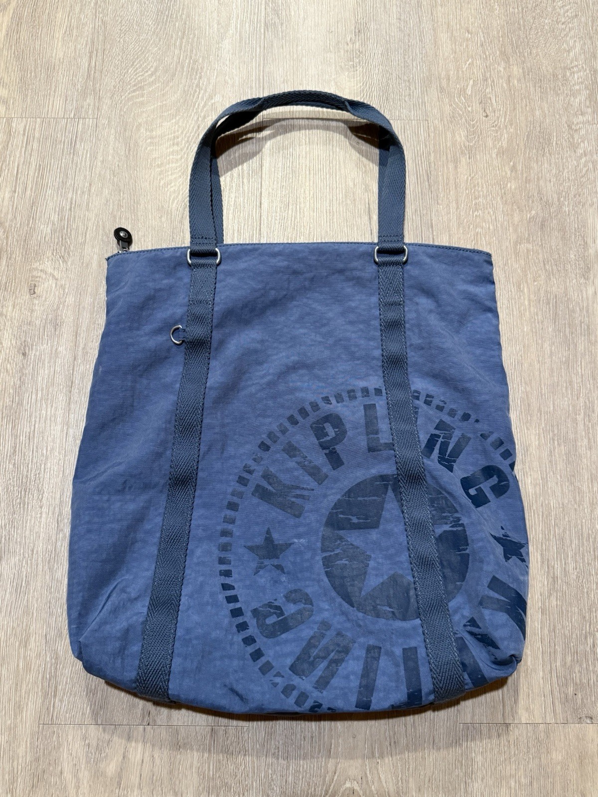 Kipling Moral Large Tote Shoulder Bag Blue Handles Double Strap Zip Pockets Logo