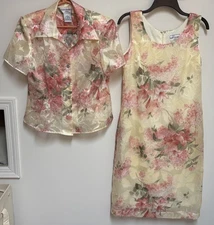 Vintage Karin Stevens Jacket & Dress Set Floral Chiffon Lined Cottagecore 8P