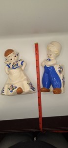 Vintage blue and white , dutch boy and girl floral vases